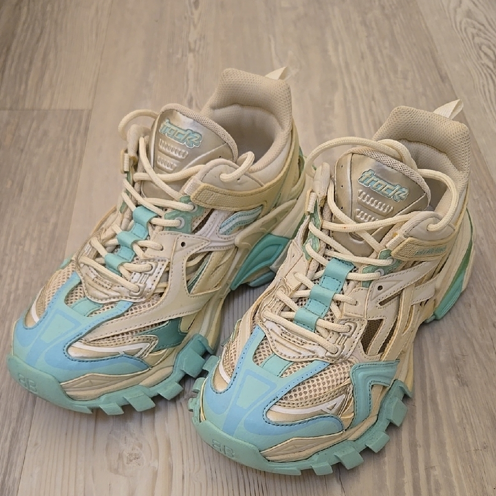 Balenciaga Trac Cream and Blue Sneakers with Chunky Sole - Picture 1 of 4